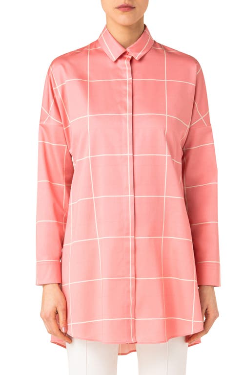 Akris punto Windowpane Check Sateen Tunic Blouse in Pink-Cream