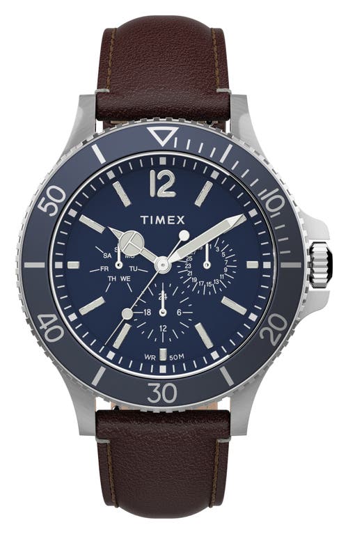 Timex® Harborside Leather Strap Watch, 42mm in Brown/Blue/Silver 