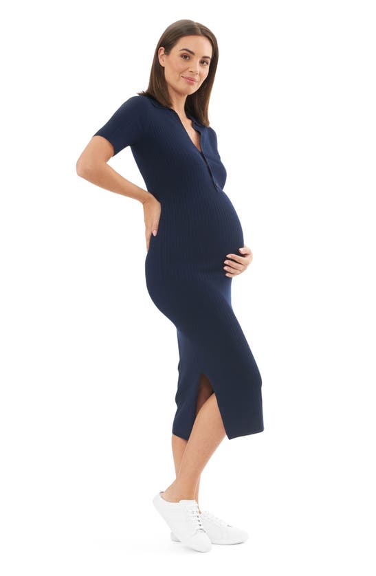 Shop Ripe Maternity Maddy Rib Maternity/nursing Polo Dress In Navy