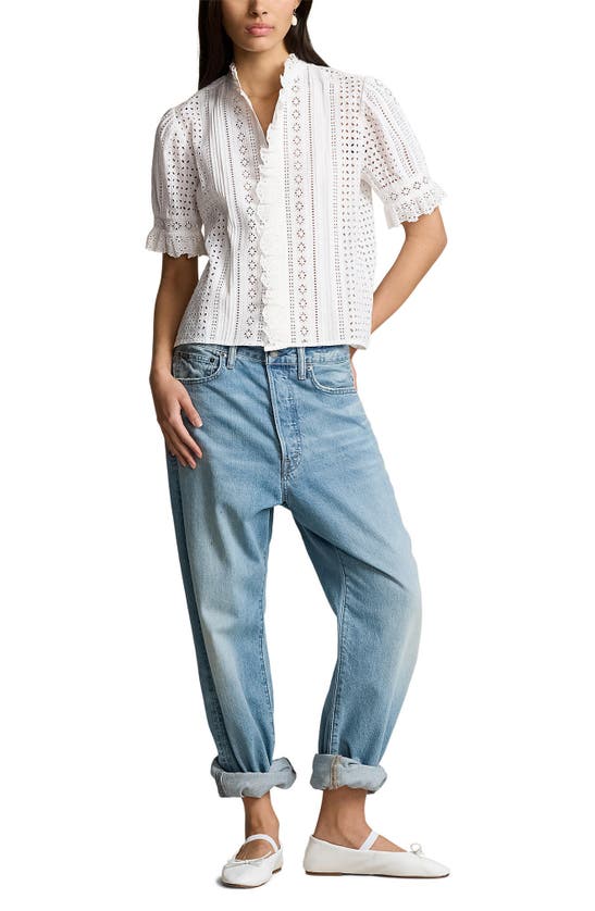 Shop Polo Ralph Lauren Cotton Eyelet Button-up Shirt In White