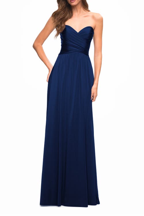 Shop La Femme Simple Strapless Jersey Dress With High Slit In Navy