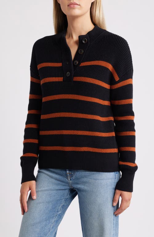 Caslonr Caslon(r) Half Button Pima Cotton Blend Sweater In Black- Rust Renee Stripe