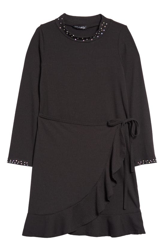 Ava & Yelly Kids' Ribbed Long Sleeve Faux Wrap Dress In Black
