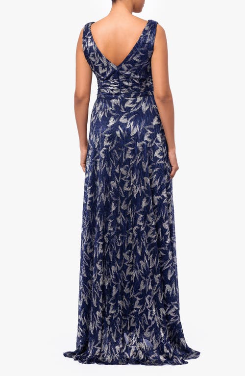 Betsy & Adam Metallic Floral A-line Gown In Navy/gunmetal
