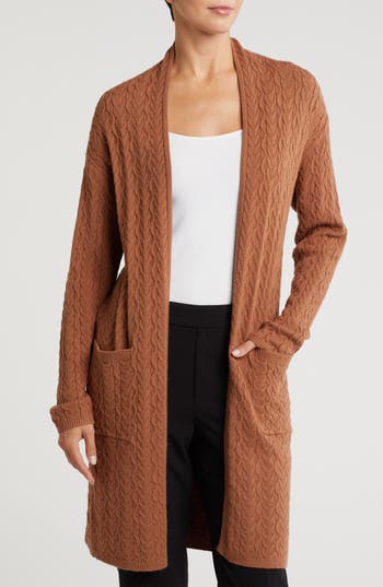T Tahari Cable Knit Pocket Cardigan In Bear Camel