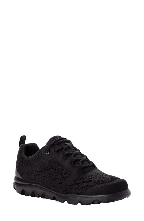 Propét TravelActiv Knit Lace-Up Sneaker in All Black Fabric