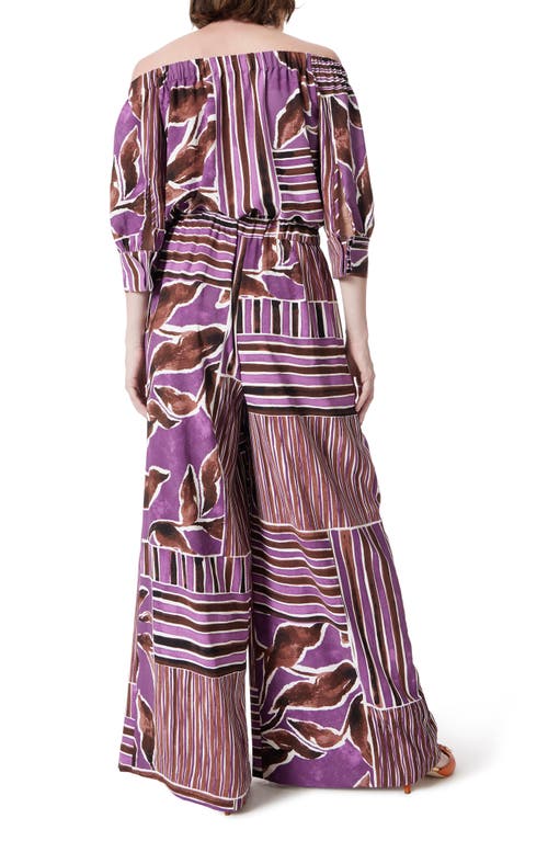 Dee Ocleppo Print Off The Shoulder Wide Leg Jumpsuit In Black Plum