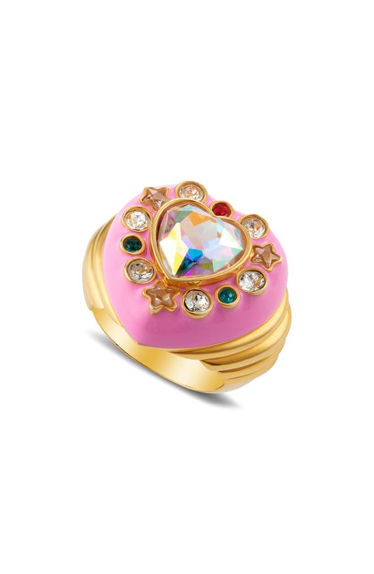 Shop July Child Cosmic Girl Heart Ring In Gold/ Pink Enamel/ Swarovski