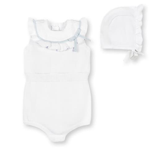 Hope & Henry Layette Baby Girl Organic Sleeveless Ruffle Sweater Romper and Bonnet 2-Piece Set, Infant White With Pale Blue at Nordstrom,