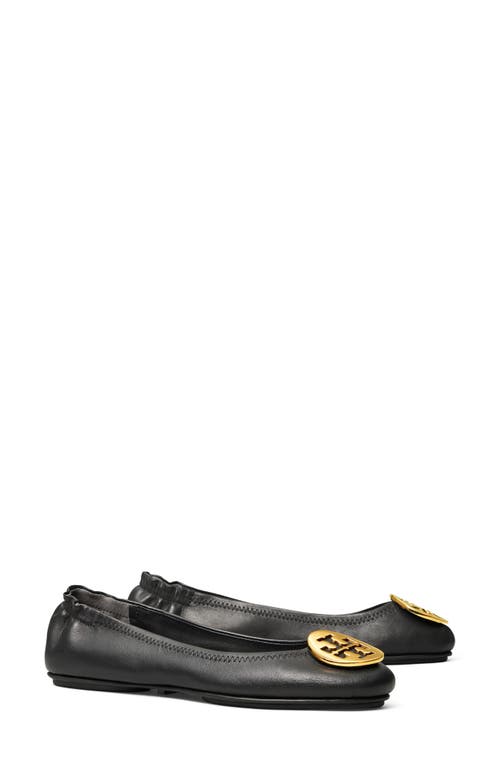 Tory Burch Minnie Travel Ballet With Metal Logo In Perfect Black/gold