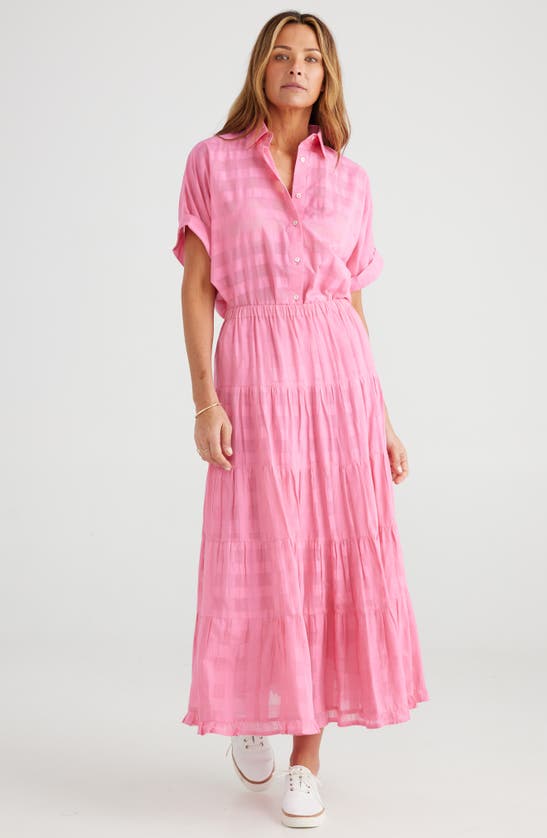 Shop Brave + True Wonderland Tiered Cotton Maxi Skirt In Pink Window Check
