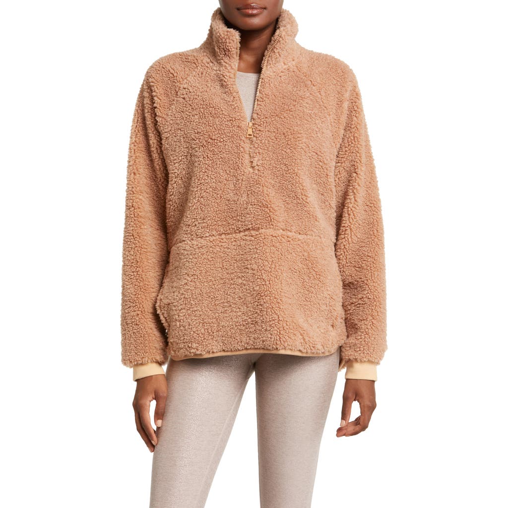 Beyond Yoga Take Flight High Pile Fleece Half Zip Pullover In Camel