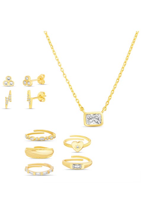 Set of 8 Rings, Stud Earrings & Necklace
