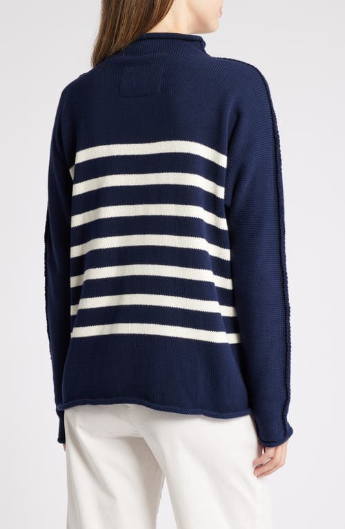 Shop Frank & Eileen Monterey Stripe Cotton Funnel Neck Sweater In Navy With Ivory Stripe