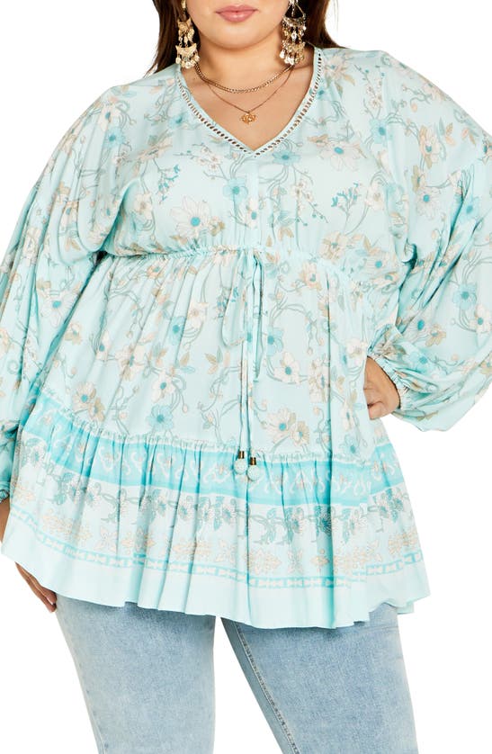 Shop City Chic Spirited Floral Print Tunic Top In Seafoam Spirited Fl