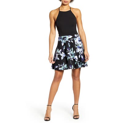Speechless Floral Print Scuba Fit & Flare Minidress, Black