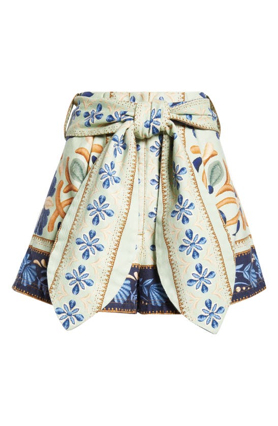Shop Farm Rio Ocean Tapestry Tie Front Cotton Shorts In Ocean Tapestry Green