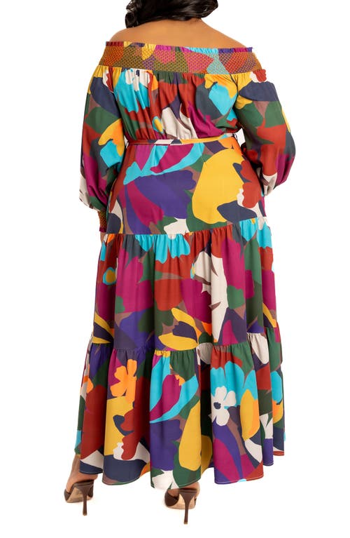 BUXOM COUTURE BUXOM COUTURE FLORAL OFF THE SHOULDER LONG SLEEVE MAXI DRESS 
