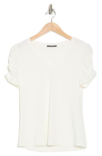 T Tahari Ruched Sleeve V-neck T-shirt In White Star