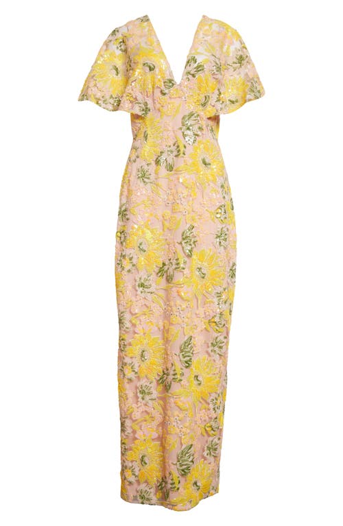 Shop Lela Rose Sequin Embroidered Flutter Sleeve Column Gown In Limoncello