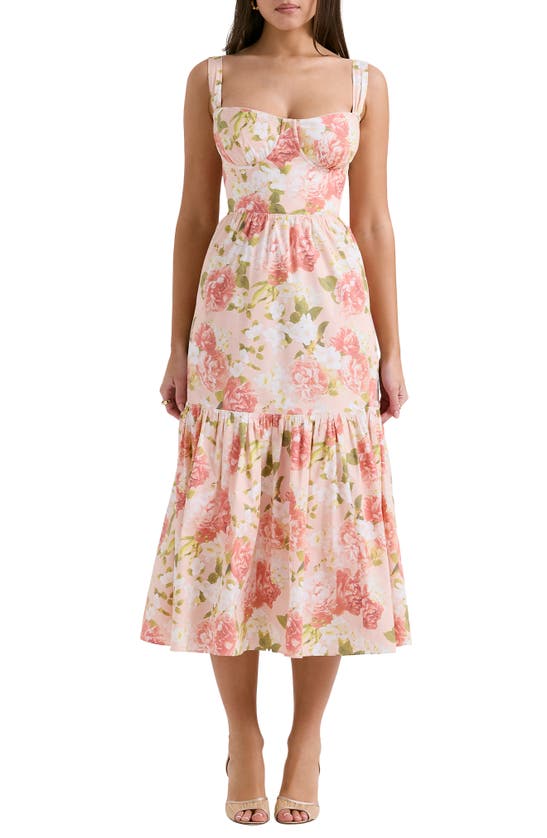 Shop House Of Cb Elia Floral Stretch Cotton Blend Corset Sundress In Peony Print