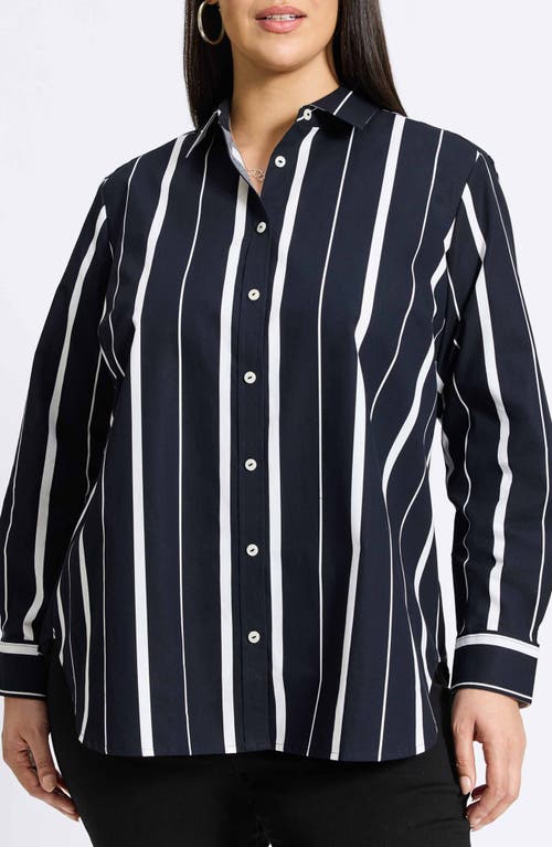 Foxcroft Stripe Relaxed Fit Cotton Button-Up Shirt Black/White at Nordstrom