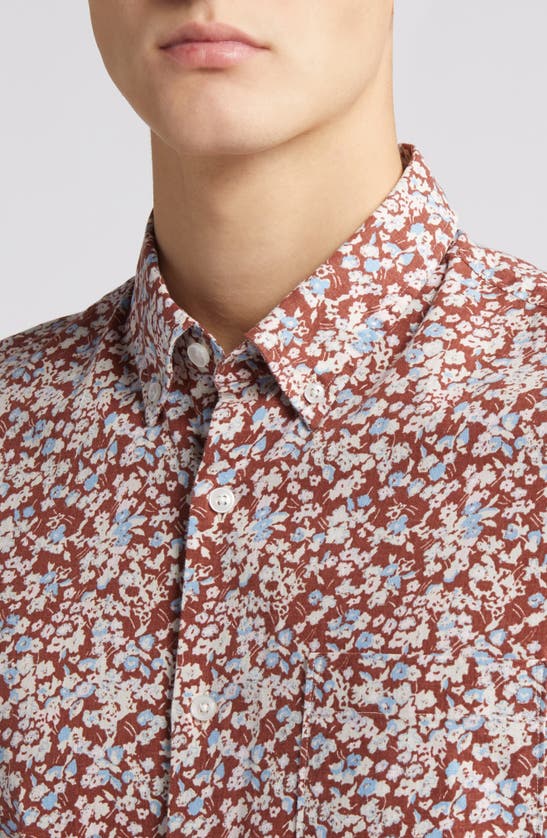 Shop Nordstrom Trim Fit Floral Short Sleeve Stretch Cotton & Linen Button-down Shirt In Brown Sable Floral Ditsy