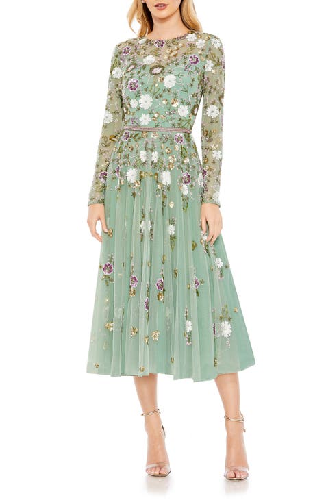 Sequin Floral Long Sleeve Mesh Dress