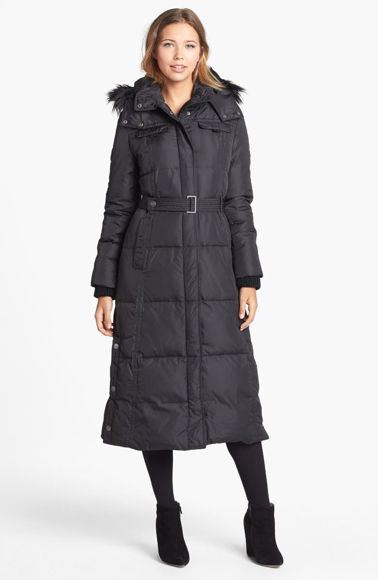 DKNY Faux Fur Trim Belted Down & Feather Coat | Nordstrom
