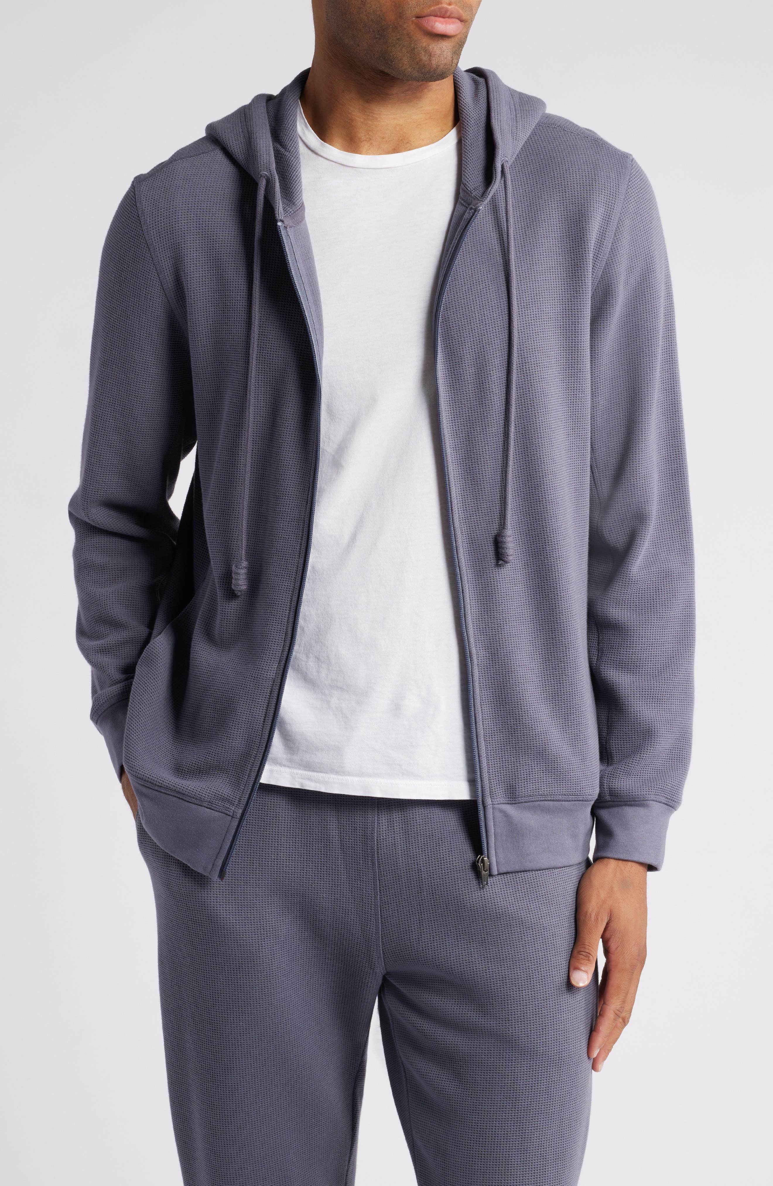 Daniel Buchler Waffle Texture Zip Hoodie in Grey 