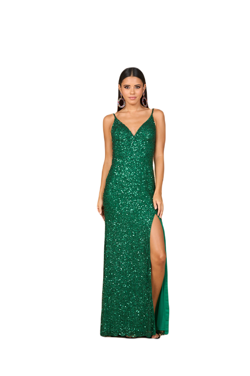Lara New York Beaded V Neck Dress With Slit In Green