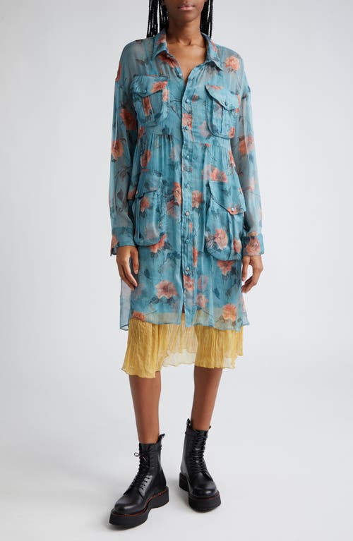 Floral Long Sleeve Double Layer Dress in Blue Floral