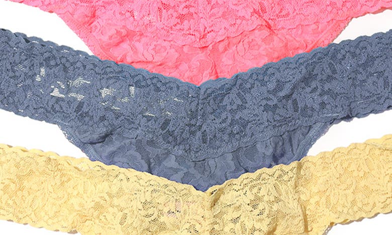 Shop Hanky Panky Assorted 3-pack Lace Original Rise Thongs In Peach Fizz/chambray/buttercup