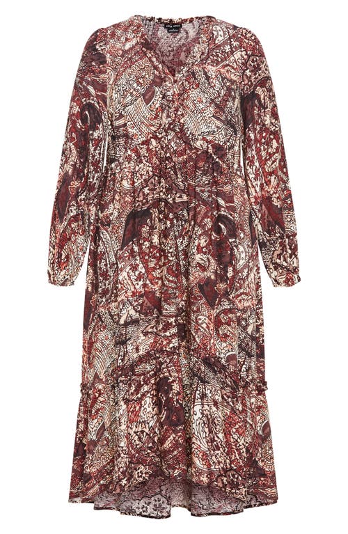 City Chic Gaia Long Sleeve Tiered Maxi Dress In Cocoa Paisley