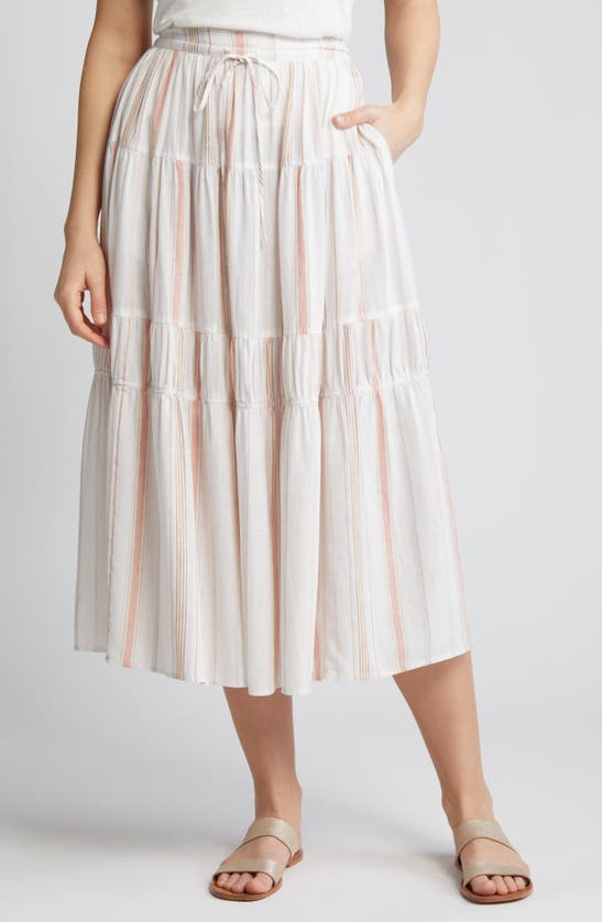 Caslon Stripe Tiered Linen Blend Midi Skirt In White- Tan S Taylor Stripe