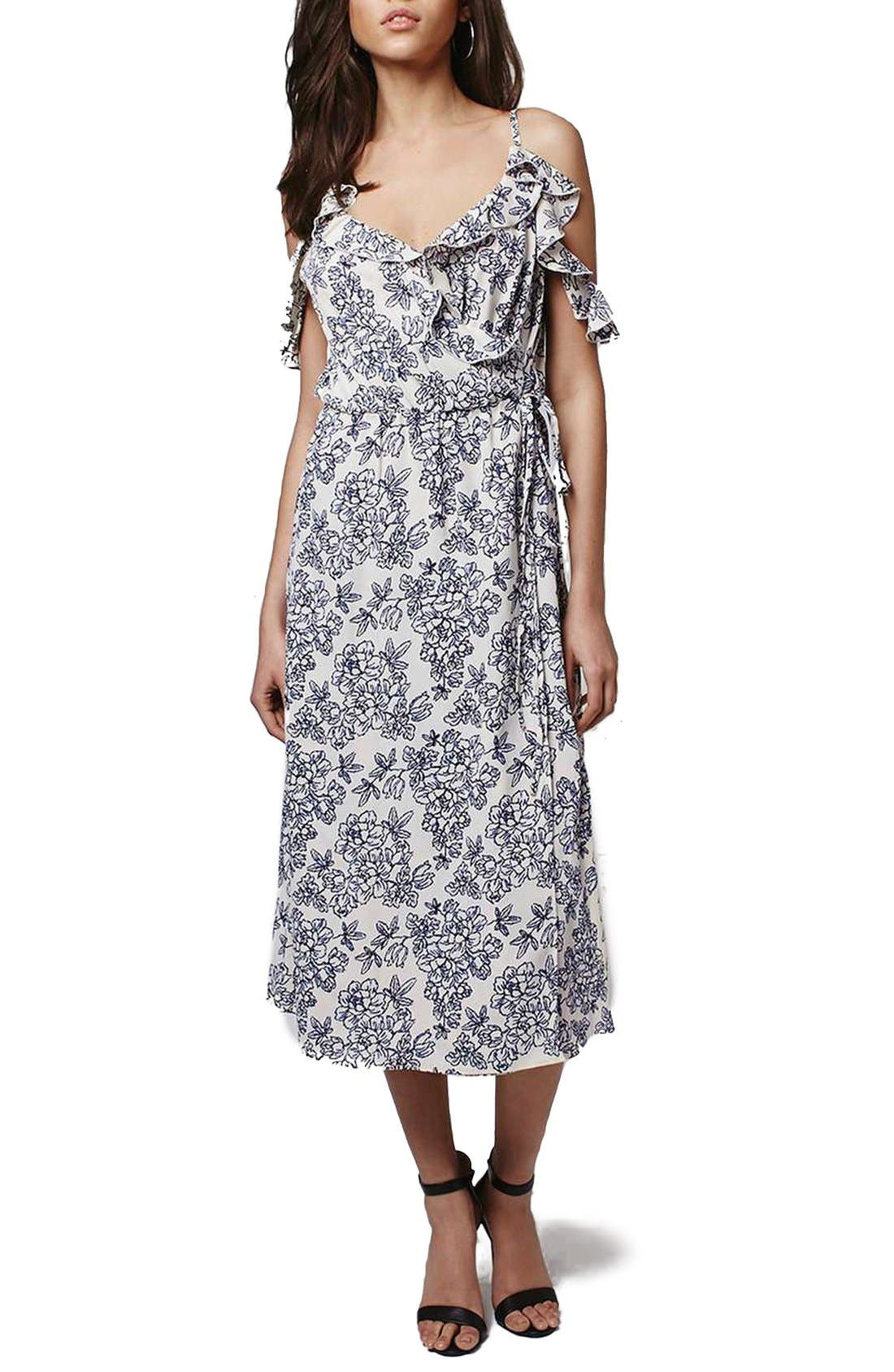 'China Floral' Ruffle Trim Wrap Midi Dress Nordstrom
