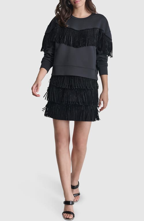 Shop Dkny Studded Fringe Scuba Sweatshirt In Black