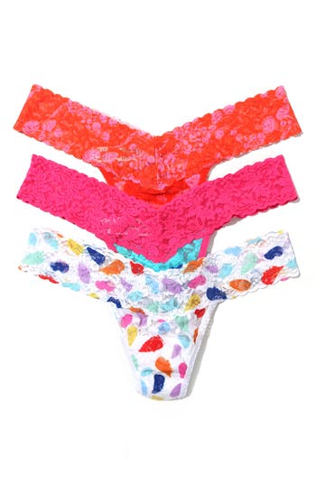 Shop Hanky Panky Low Rise Lace Thongs In White Multi/pink/coral