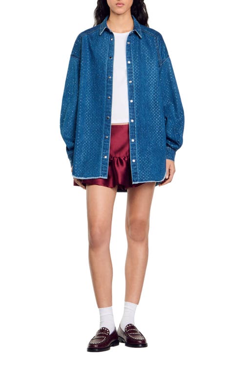 Shop Sandro Denim Shirt With Rhinestones In Blue Jean