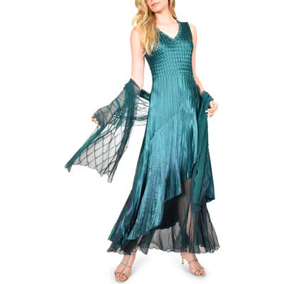 Komarov Chiffon Hem Charmeuse Gown With Shawl, Blue/green