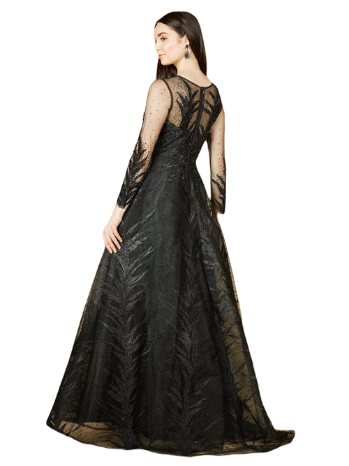 Lara New York High Neck Sheer Long Sleeve Embellished Gown In Black