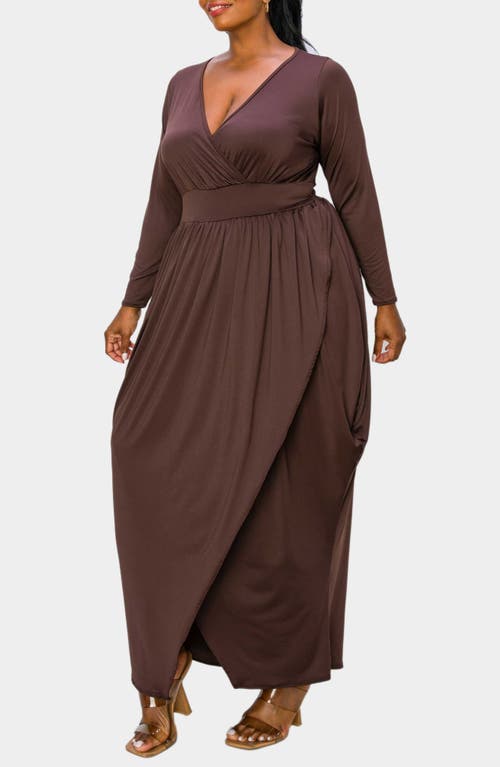 Shop L I V D Giuliana Long Sleeve Tulip Hem Faux Wrap Maxi Dress In Brown