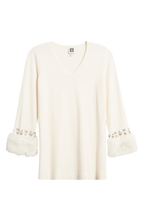 Shop Anne Klein Crystal & Faux Fur Trim Tunic Sweater In Anne White