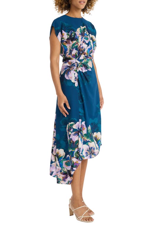 Maggy London Floral Print Asymmetric Dress In Deep Teal Blue/lt Royal Lilac