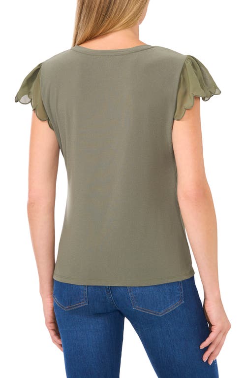 Cece Scallop Sleeve Mixed Media Top In Dark Clover Green