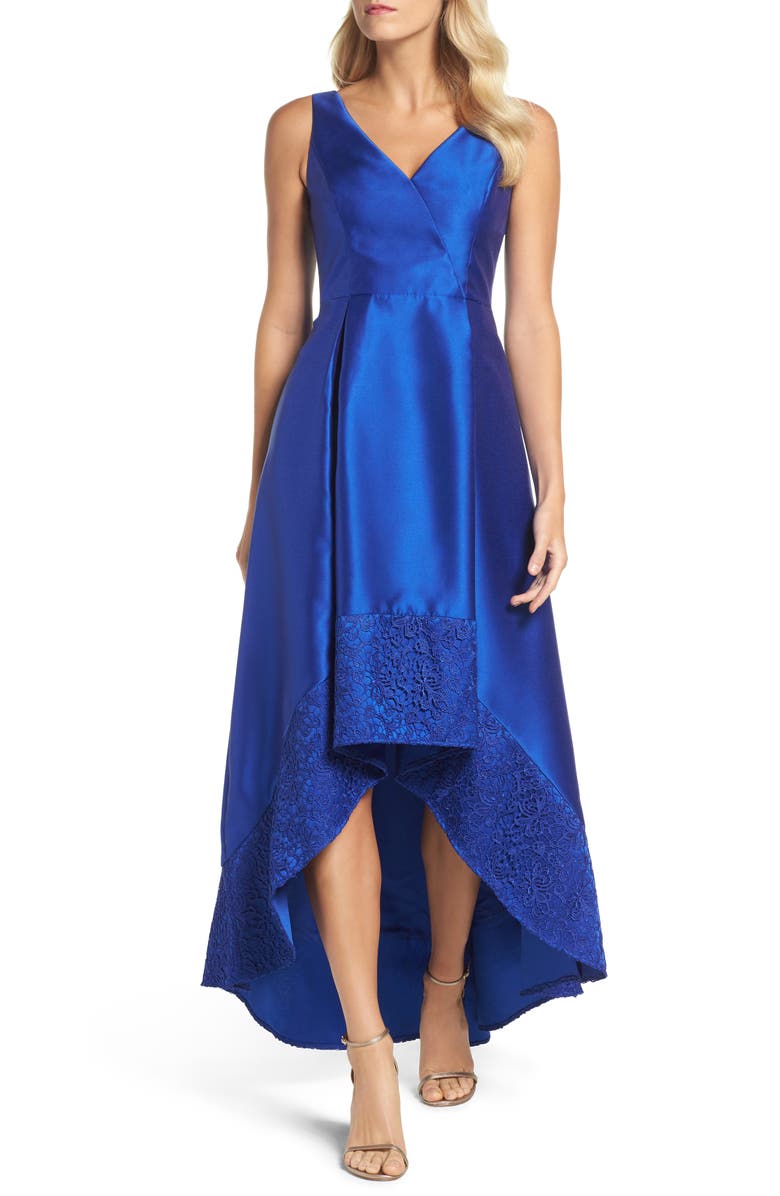 Adrianna Papell Lace Trim Mikado High/Low Gown | Nordstrom