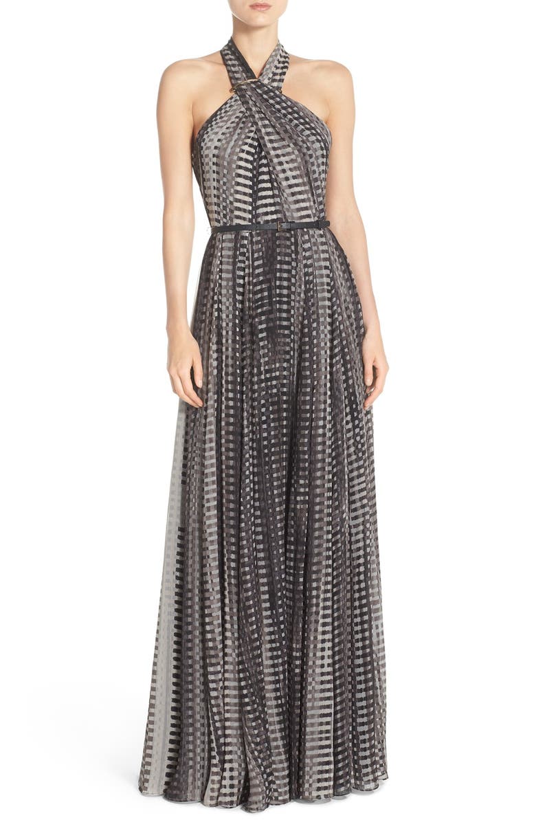 Halston Heritage Belted Print Crinkled Chiffon Fit & Flare Gown | Nordstrom