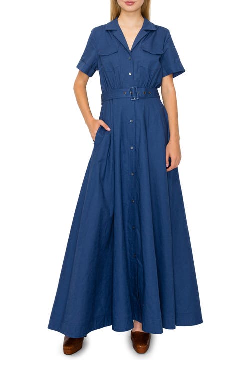Women Denim Dress Lapel 3/4 Long Sleeve Belted Swing Flowy Jean Dress Blue  at  Women's Clothing store