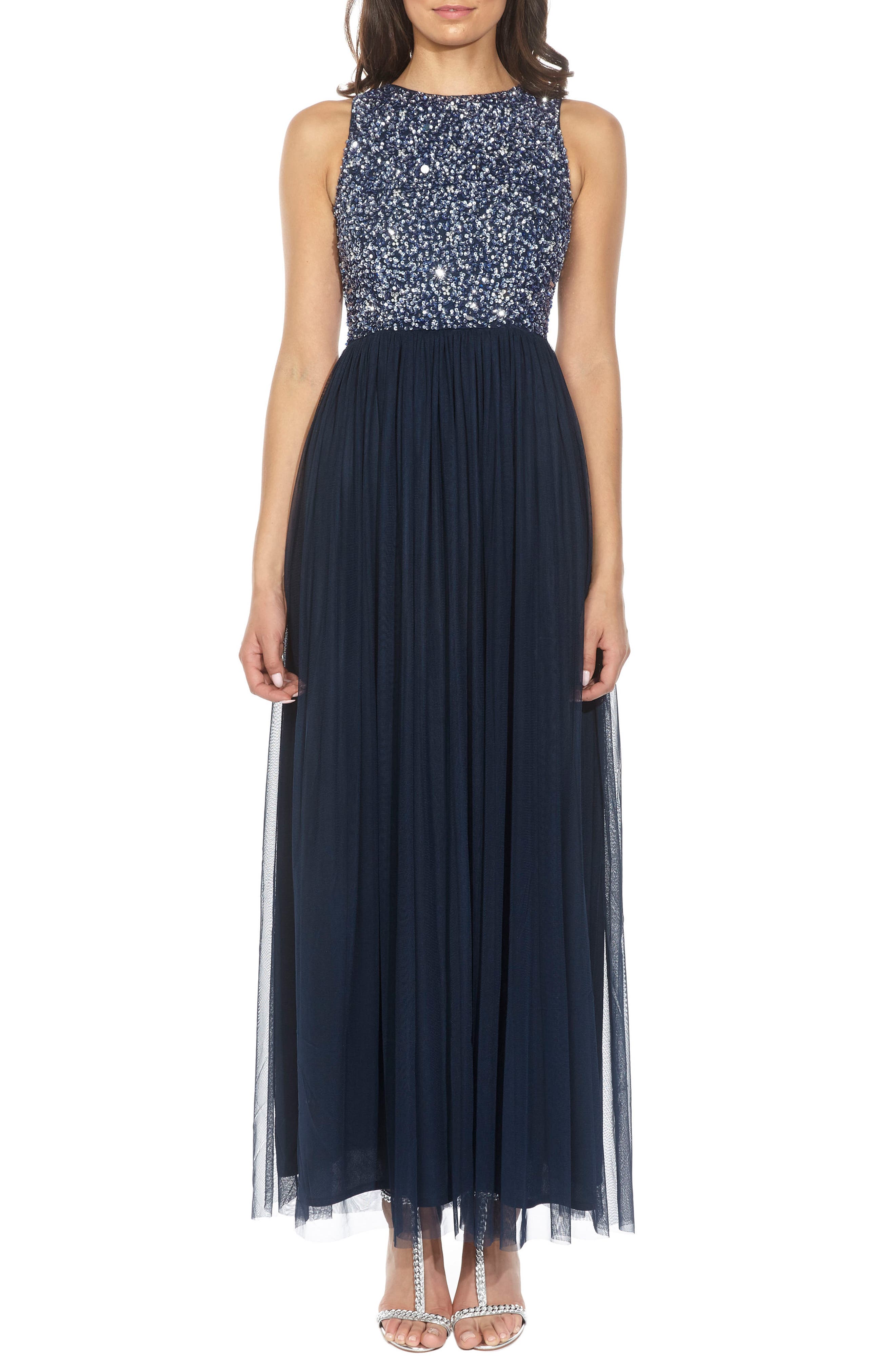 Lace & Beads Picasso Embellished Bodice Evening Dress, Blue