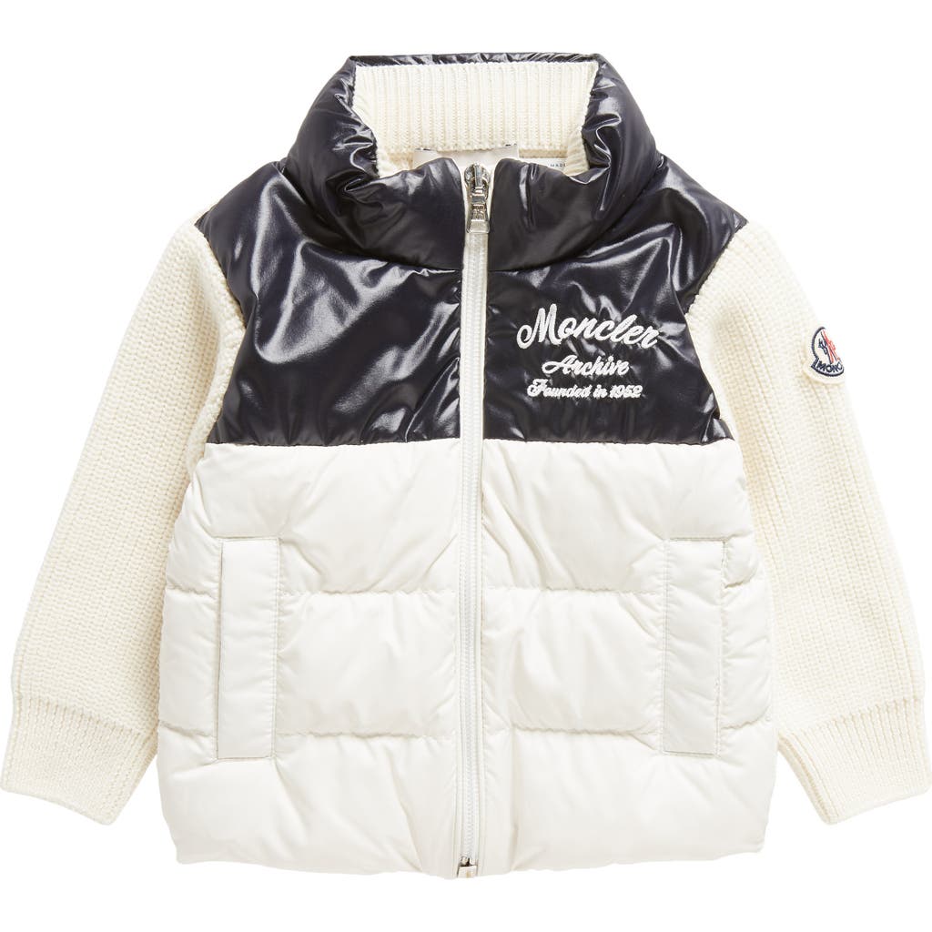 Moncler Kids' Mixed Media Cardigan Down Puffer Jacket In Ivory/navy